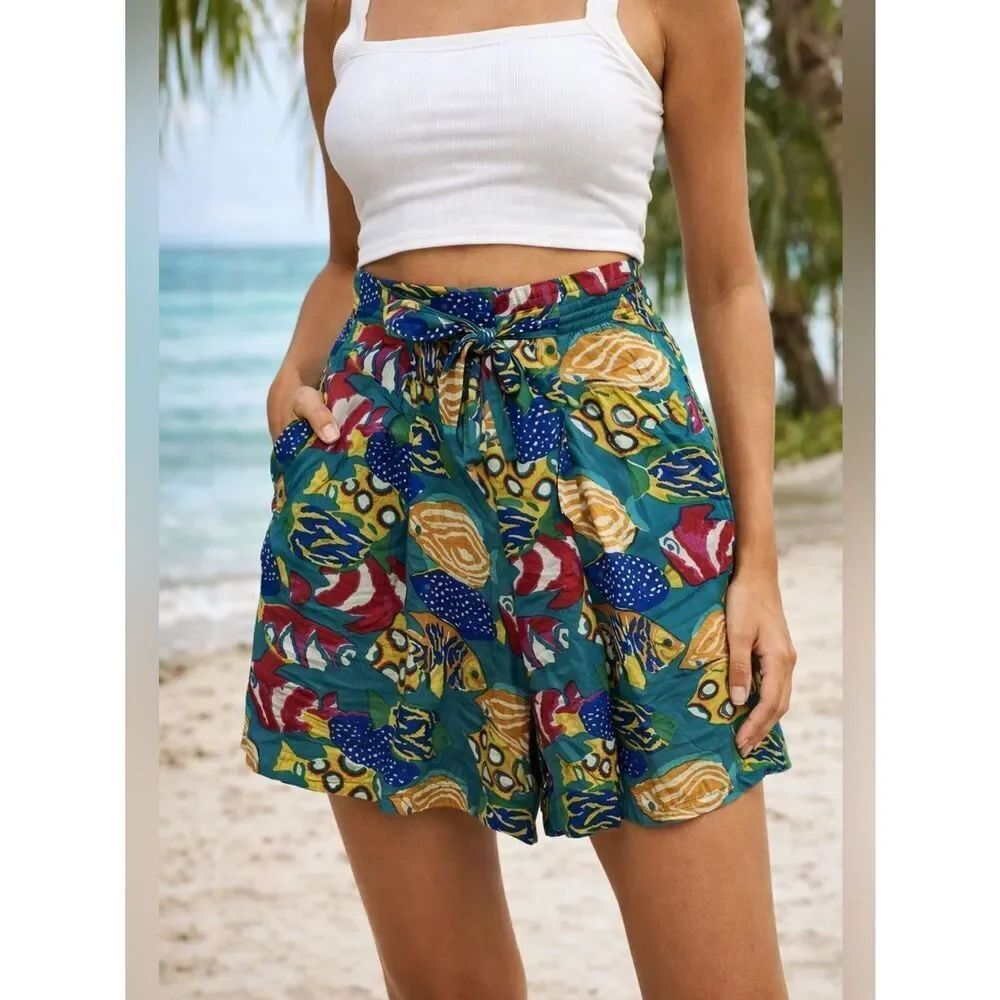 The Eagle's Eye Vintage Cotton Tropical Print High Waist Tie Front Shorts Size L